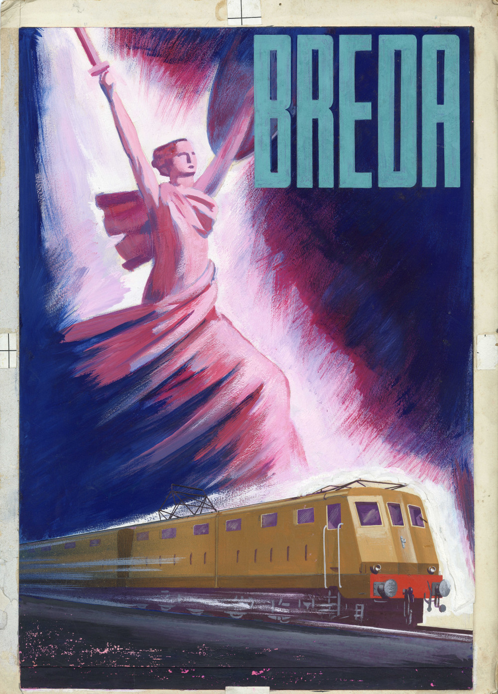 Araca (pseudonimo di Enzo Forlivesi Montanari), Elettrotreno e figura allegorica femminile con braccia alzate, 1940 [pittura a tempera, biacca, collage]