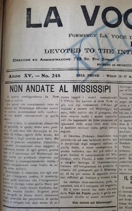 “Non andate al Mississippi”, in “La Voce della colonia”, 19 ottobre 1907